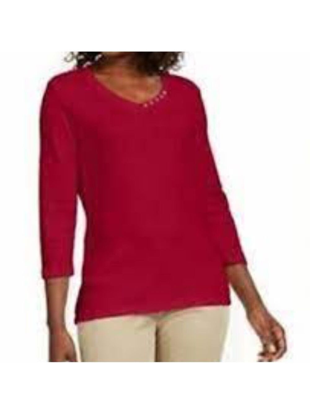 Karen Scott Button-Neck Accent 3/4" Sleeve Top